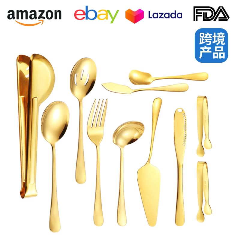 HASTHIP® 12 Pieces Serving Utensils Include Large Serving Spoons,Slotted Serving Spoons,Serving Forks,Serving Tongs,Appetizers Tongs,Soup Ladle and Pie Cake Server for Buffet Catering, Gold HASTHIP® 12 Pieces Serving Utensils Include Large Serving Spoons,Slotted Serving Spoons,Serving Forks,Serving Tongs,Appetizers Tongs,Soup Ladle and Pie Cake Server for Buffet Catering, Gold